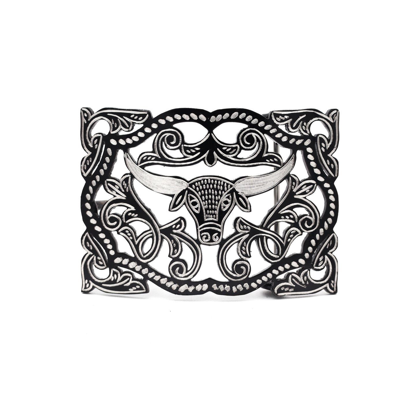 Hebilla de Acero Monel Negra - Toro Rameado en Grecas