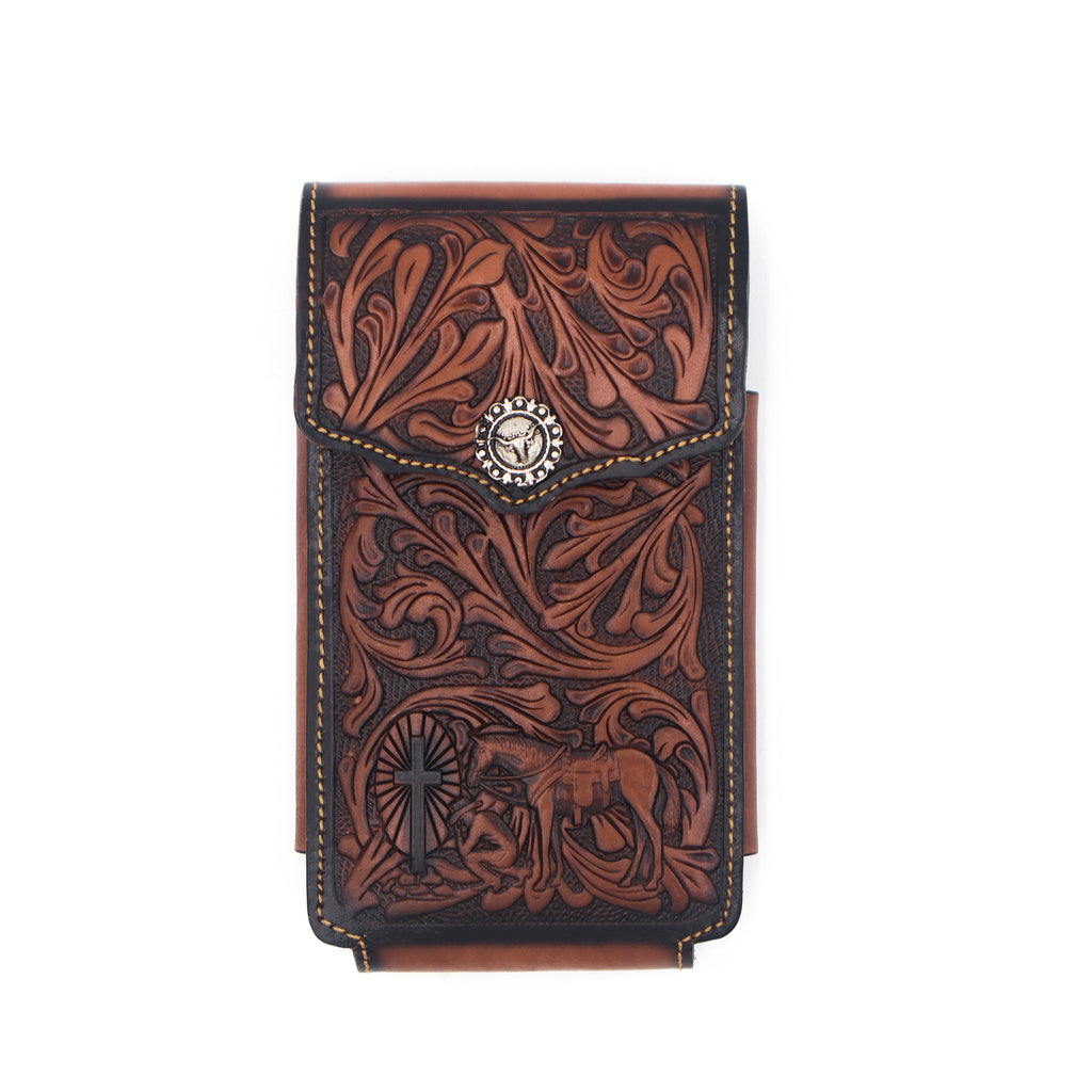 Funda de Cuero Cincelado para Celular - Oración del Caballo Tabaco