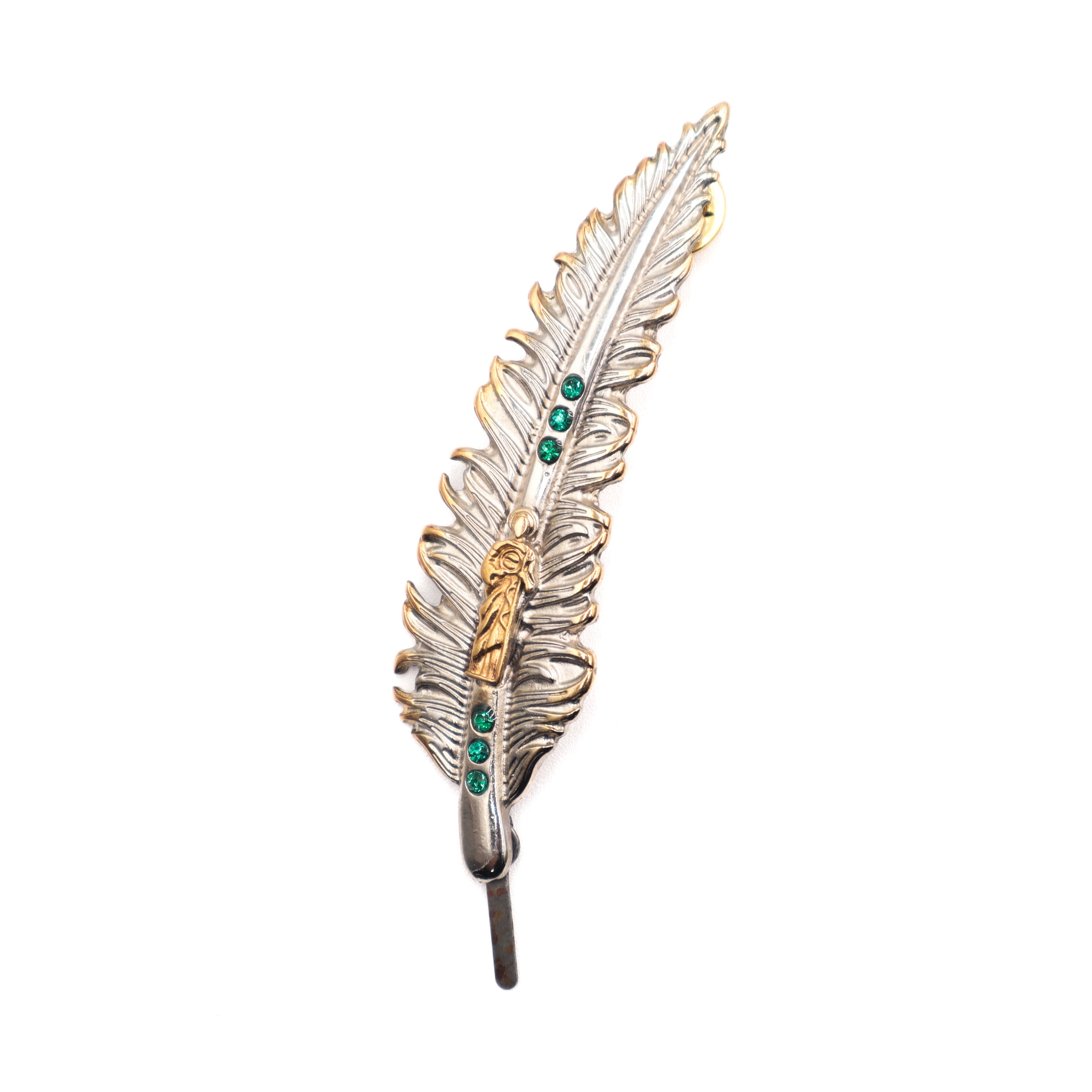 Pluma de Metal-San Judas Oro Plata Piedra Verde